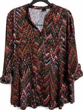 Women's 2X Abstract Print Roll Tab Sleeve Tunic Blouse Red Black Olive Plus Size